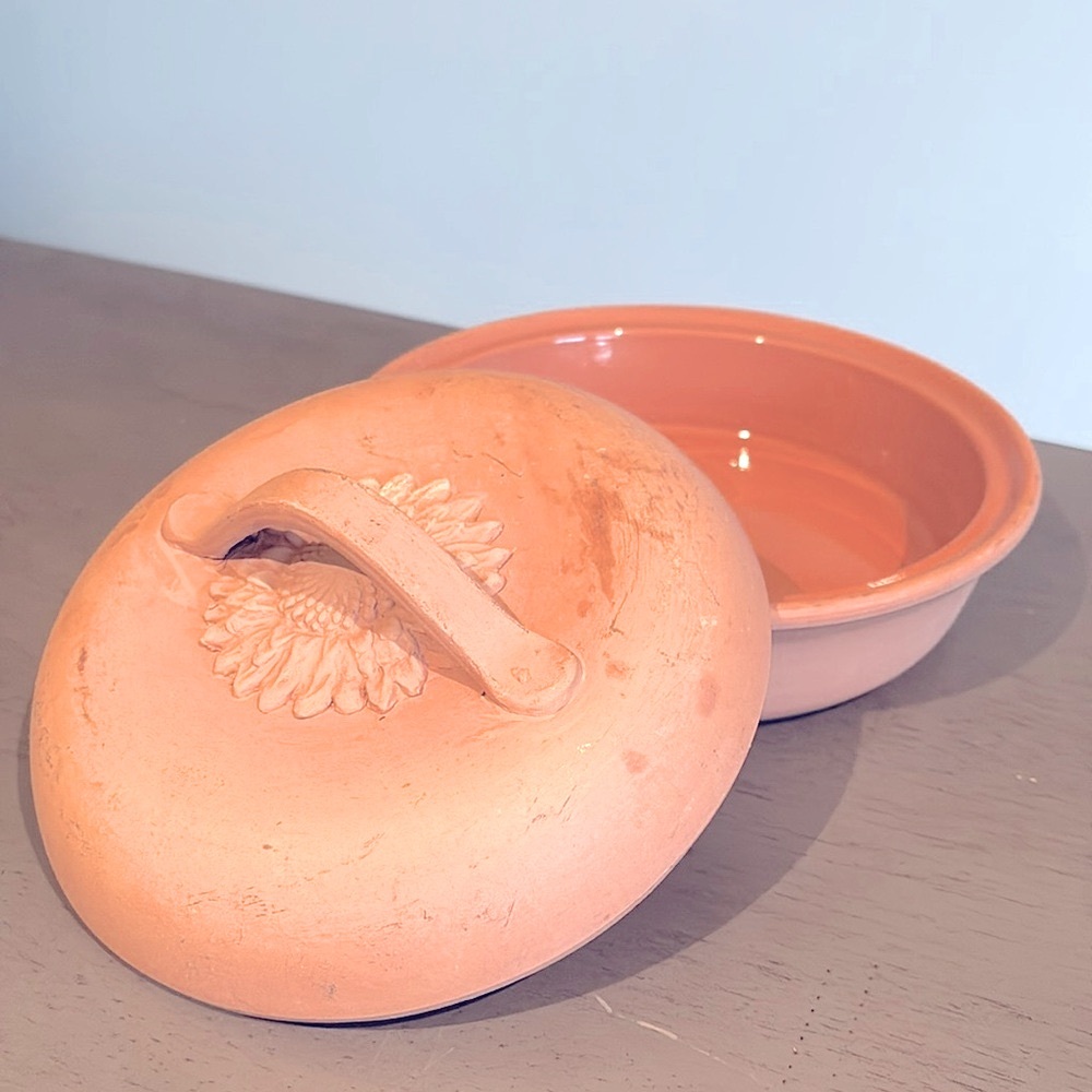 Vintage Clay Round Terracotta Pot Oven Roaster Dutch Non Stick Sunflower's Lid !